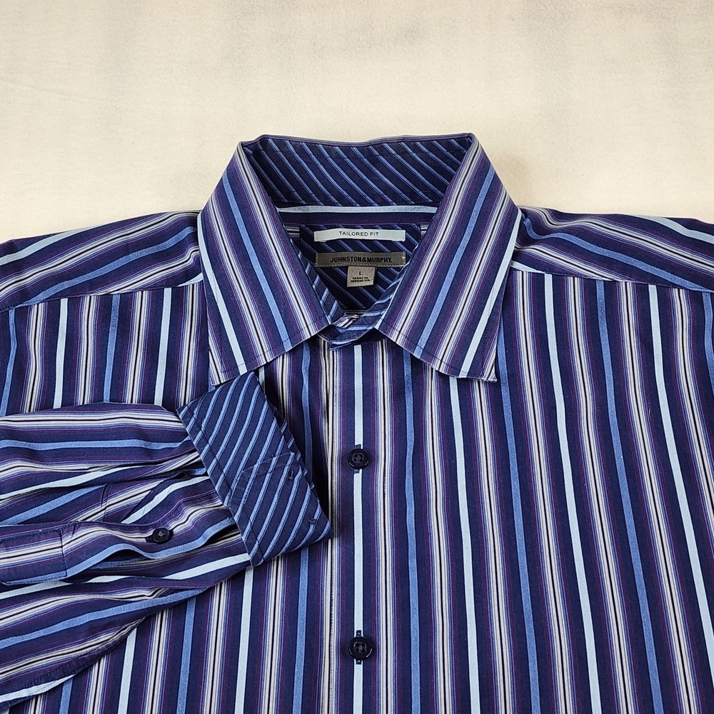 Johnston & Murphy Mens Large Tailored Fit Purple Blue Striped‎ Flip Cuff Shirt